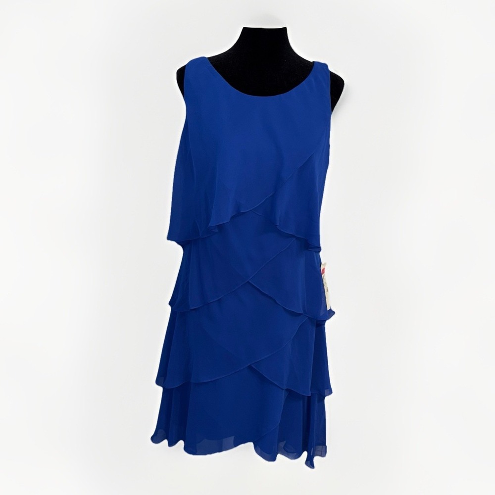 JR Nites Carol Lin Sz 12 Sleeveless Blue‎ Chiffon Tulip Tier Sheath Shift Dress